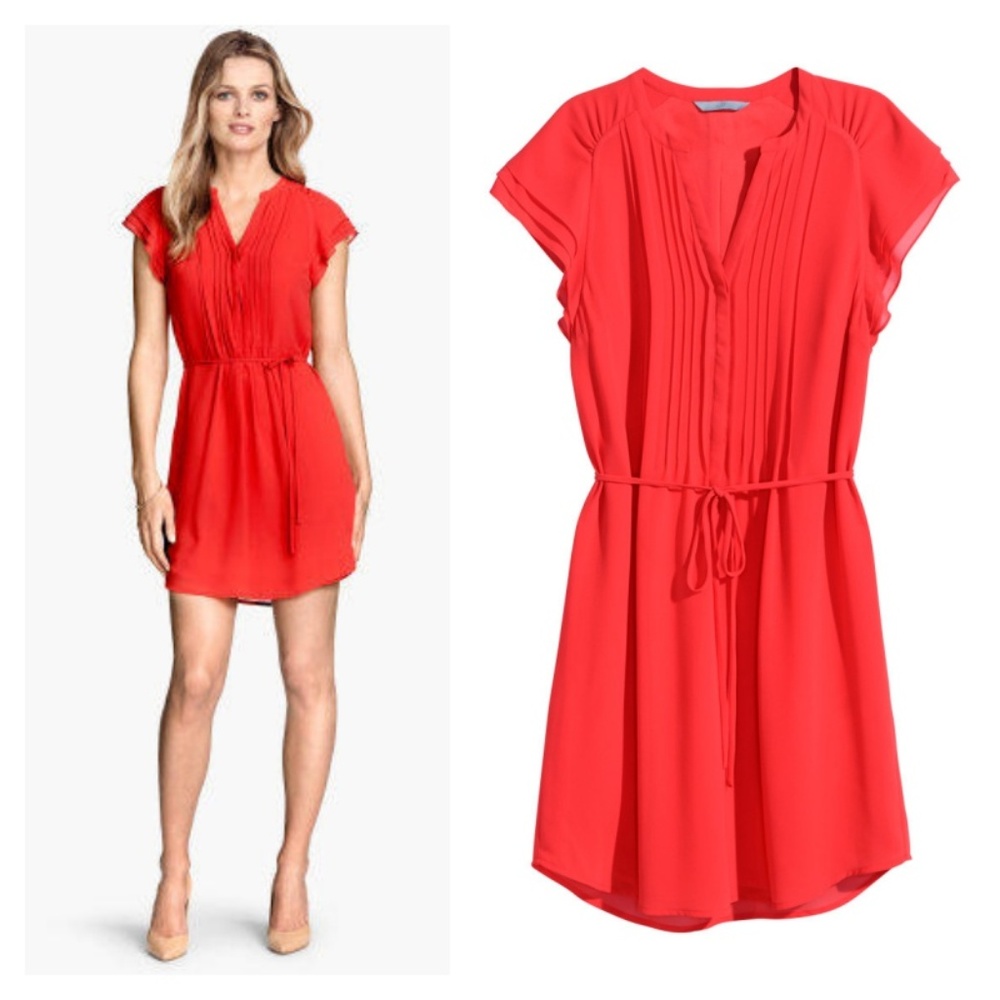 H&M Red Orange Butterfly Sleeve Dress w/ Tie Waist